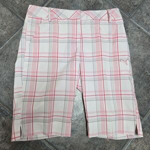 Puma Women's Pink, Grey and White Plaid Bermuda Length Shorts